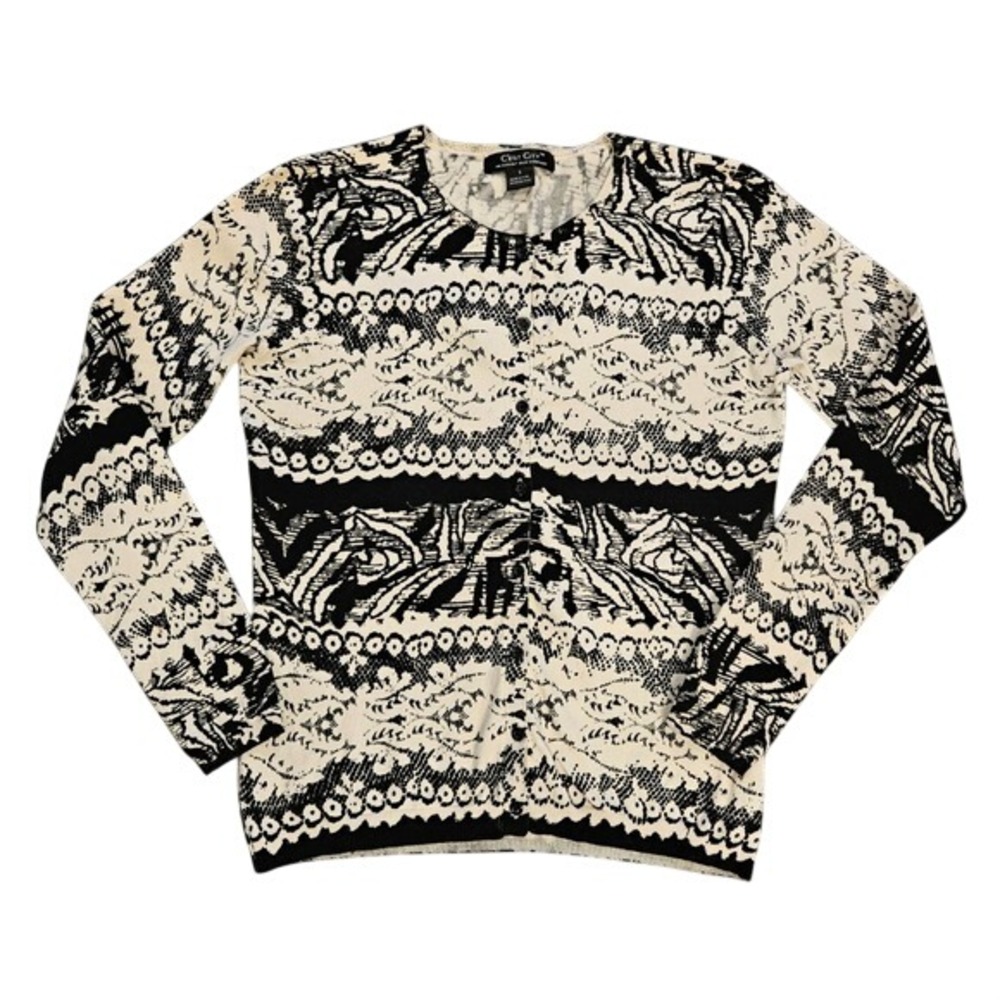 C'est City August Silk Black White Abstract‎ Lace Print Button Front Cardigan S